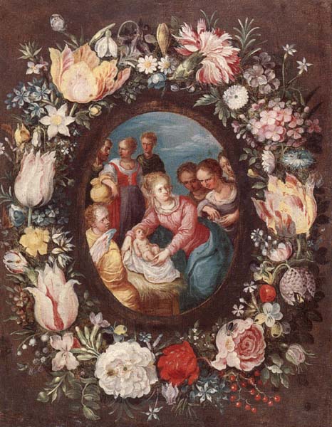 The nativity encircled by a garland of flowers